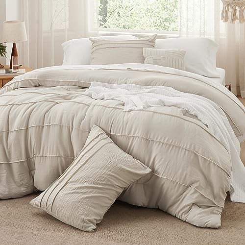 4-Piece Bedsure Queen Pinch Pleat Boho Comforter Set (Beige)