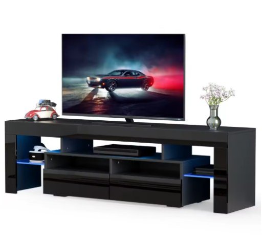 86.6" High Gloss TV Cabinet w/ 20 Color LED Lights and 2 Drawers (Black)