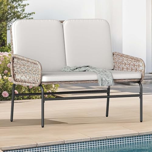 DWVO Outdoor Patio Wicker High Back Loveseat w/ Cushions