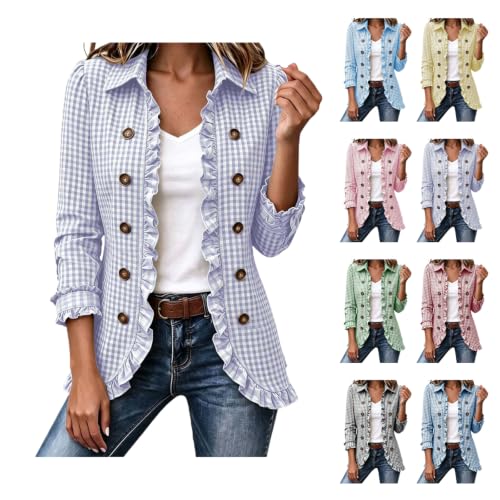 Lightweight Ruffled Lapel Open Front Plaid Jacket Deal