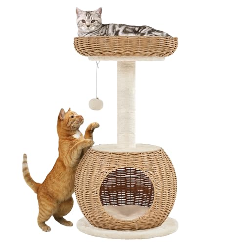 Yaheetech Small Boho Cat Tree w/Woven Rattan Perch and Scratching Post