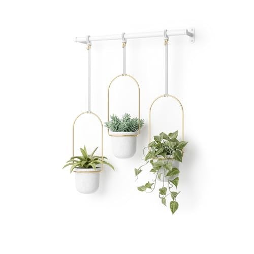 3-Set Umbra Triflora Hanging Planter w/ Expandable Rod (White/Brass) Deal