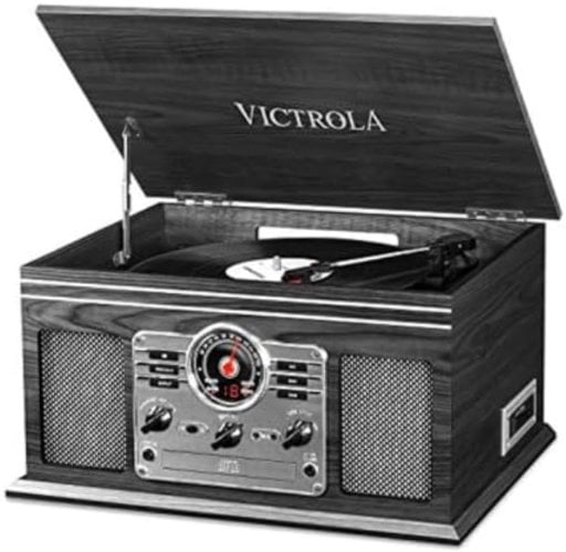 Victrola The Quincy 6-in-1 Bluetooth Record Player  Multimedia Center (Grey Wood)