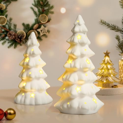 White Ceramic Table Top Christmas Tree Decor, 2 Piece Set
