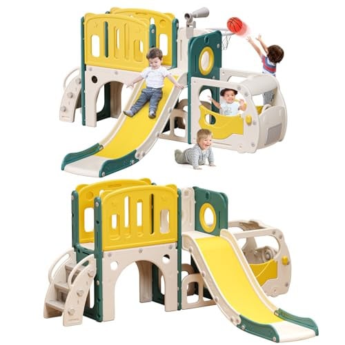 Toddler Slide Kids Slide Playset Bus Themed with Climber Basketball Hoop Deal