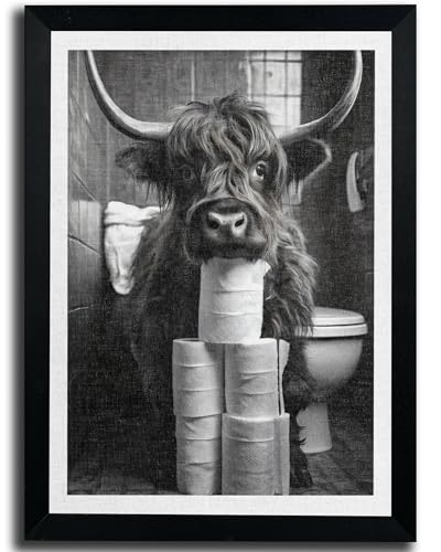 8x10" Black Framed Funny Highland Cow Holding Toilet Paper Roll Wall Art Deal