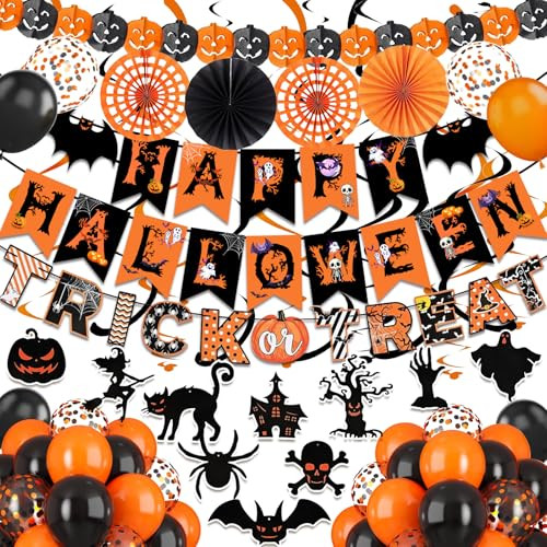 Happy Halloween Trick or Treat Banner, Paper Fan, Balloons, & Swirl Streamers