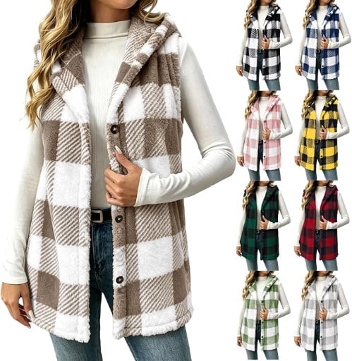 Plaid Button Down Sleeveless Hoodies with Pockets 