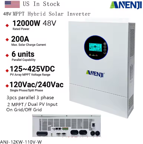 ANENJI 12KW 48V Hybrid Solar Inverter 120V/240V Split Phase w/ WiFi and 200A MPPT