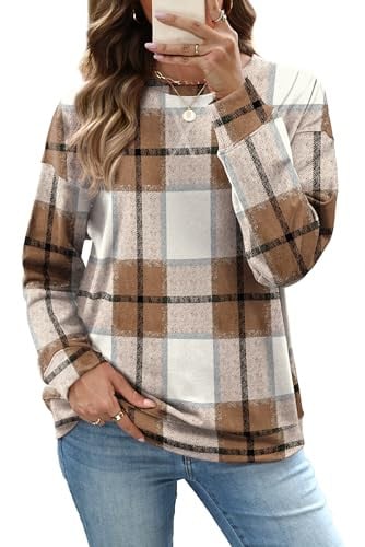 RUMIA Fall Clothes Tops for Women Early Fashion Sweatshirts Beige Plaid S
