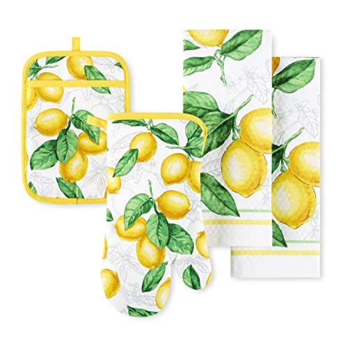 Martha Stewart Lots of Lemons Modern Kitchen Towel, Oven Mitt & Potholder Set, 4-Pack Deal