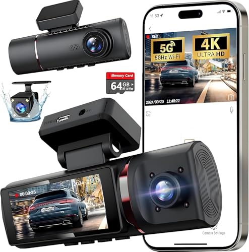 3 Channel 4K Dash Cam Front and Rear Inside with 64GB Card
