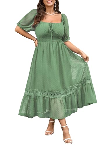 SHESTARR Women's Plus Size Maxi Dress Short Sleeve Square Neck Tie Front Swiss Dot A Line Wedding Guest Dresses Mint Green Deal