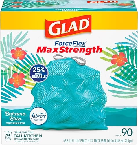90 Count 13-Gallon Glad ForceFlex MaxStrength Trash Bags (Bahama Bliss Febreze) Deal