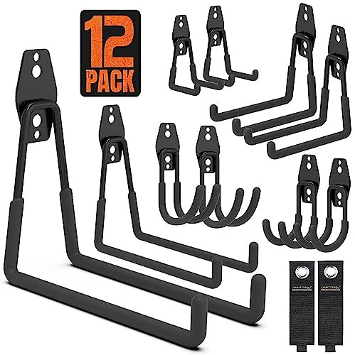 Smartology Garage Hooks 12-Pack w/ 2 Extension Cord Storage Straps