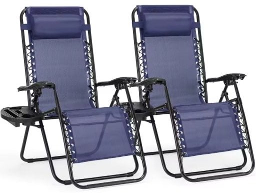 JHK Zero Gravity Recliner Outdoor Garden Lounge Chair w/ Cup Holder Trays and Adjustable Pillow 2-Pack (Blue)