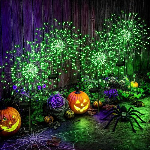 Solar Halloween Firework Garden Lights Outdoor, Green, 4 Pack