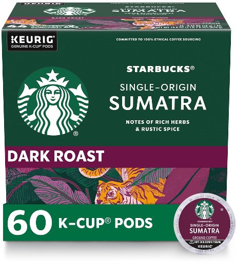 Starbucks K-Cup Dark Roast Sumatra Coffee Pods for Keurig 60-Pack 10-Count