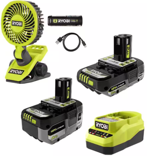 RYOBI ONE+ 18V Lithium Starter Kit with 2Ah and 4Ah Batteries, Charger & USB Clamp Fan
