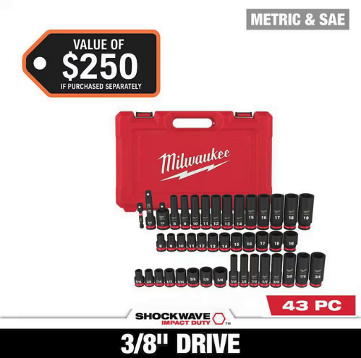 Milwaukee SHOCKWAVE 3/8 in. Drive SAE and Metric 6 Point Impact Socket Set (43-Piece)