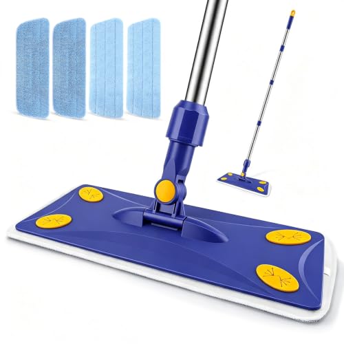 Microfiber Flat Mop w/ 4 Washable Pads & 57" Adjustable Handle (Blue)
