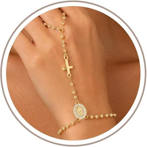Gold Rosary Hand Chain Bracelets - 14K Gold Plated Virgin Mary Cross Ring Bracelets Deal