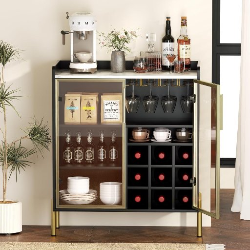 Syesway Coffee Bar Cabinet with Aluminum Frame Glass Door