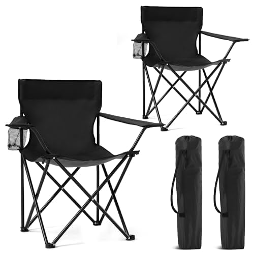 Canpsky 2 Pack Portable Folding Camping Chairs w/ Cup Holder & Carry Bag (Black-Dark) Deal