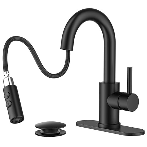 Matte Black Bathroom Faucet with Pull Down Sprayer Single Hole
