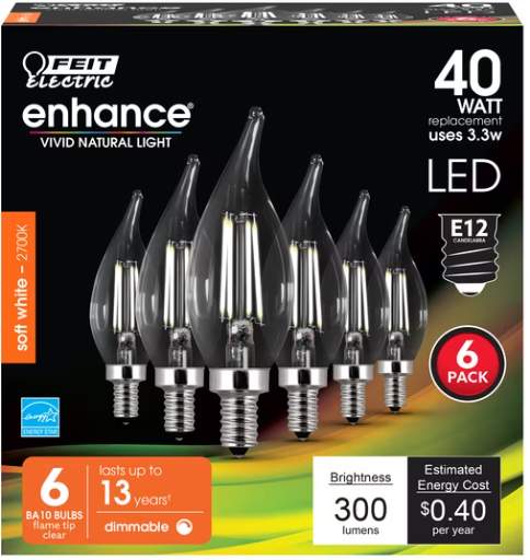 Chandelier LED 3.3 Watt (40W Equivalent) Soft White B10 Flame Tip E12 Dimmable (6 Pack)