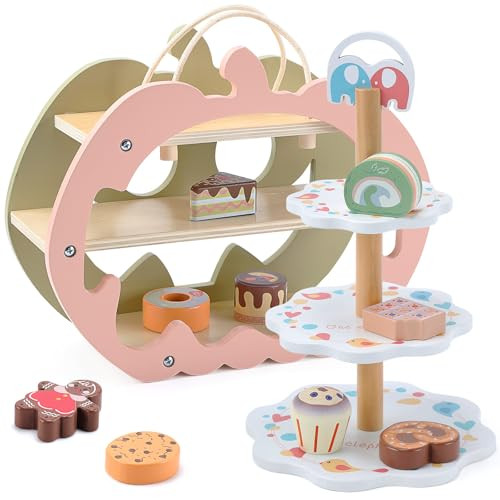 CUTE STONE Wooden Toy Tea Party Set with Double-Sided Holiday Stand