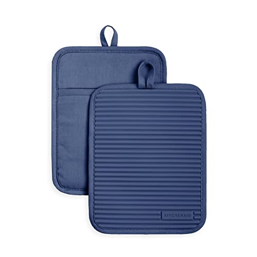 KitchenAid Ribbed Soft Silicone Pot Holder 2-Pack Set, Blue Willow, 7x9