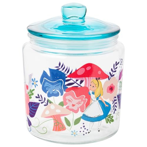 Silver Buffalo Disney Alice in Wonderland Flowers and Mushrooms Glass Cookie Snack Candy Jar with Lid Small