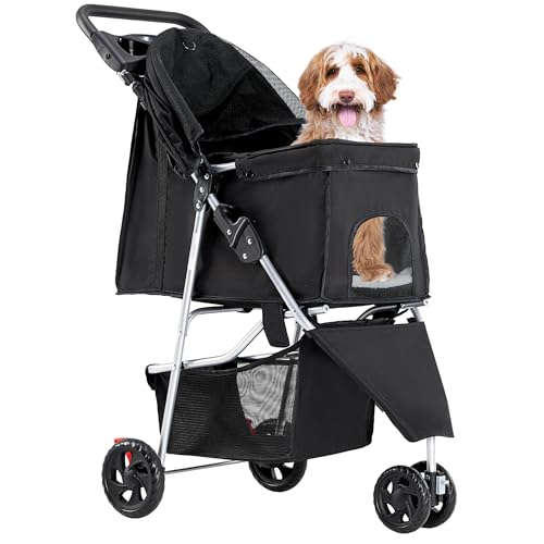 3 Wheel Pet Stroller for Dogs and Cats, Foldable Design, Black