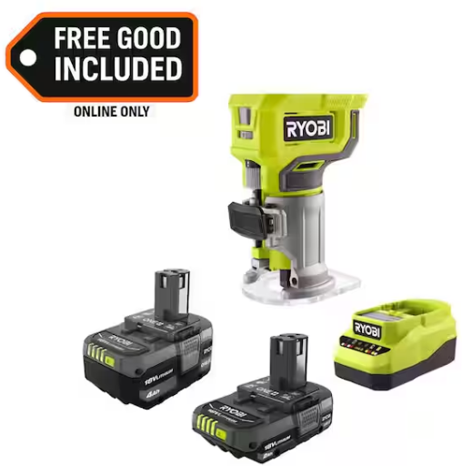 RYOBI ONE+ 18V Lithium-Ion Starter Kit w/ 2.0 Ah Battery, 4.0 Ah Battery, Charger and FREE ONE+ Cordless Compact Router