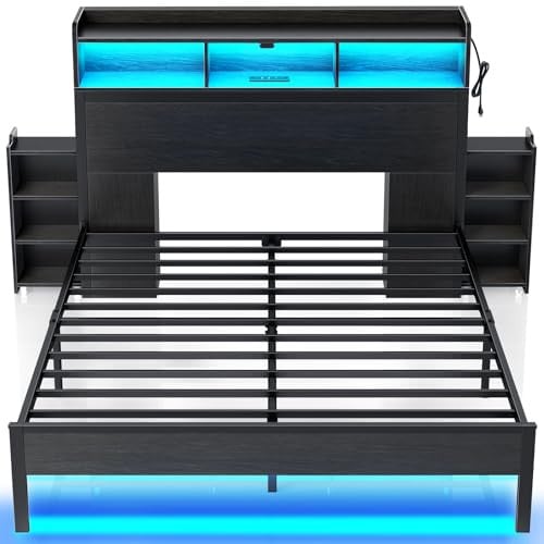 Rolanstar Full Size Bed Frame with Bookcase Storage Headboard