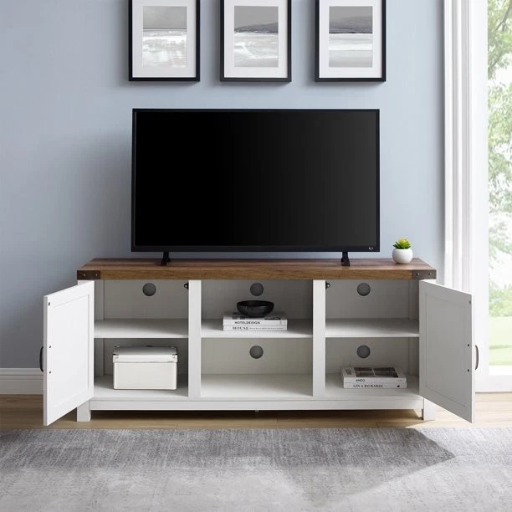 Woven Paths Farmhouse Barn Door TV Stand for up to 65" TVs (White/Barnwood) Deal