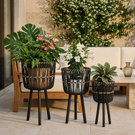 Neutral Boho Wicker Planter Stand Set 3-Piece Deal