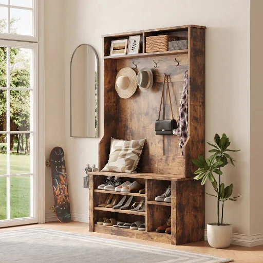 Millwood Pines Entryway Farmhouse Hall Tree w/ Bench, Shoe Storage, Side Baskets and Hooks (Rustic Brown) Deal