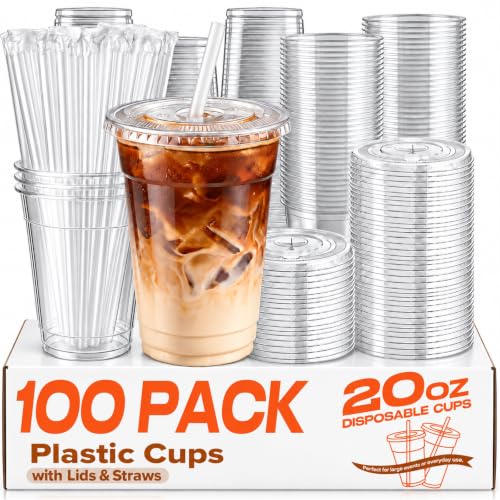 Disposable Plastic Cups with Lids and Straws 100 Pack 20oz Deal