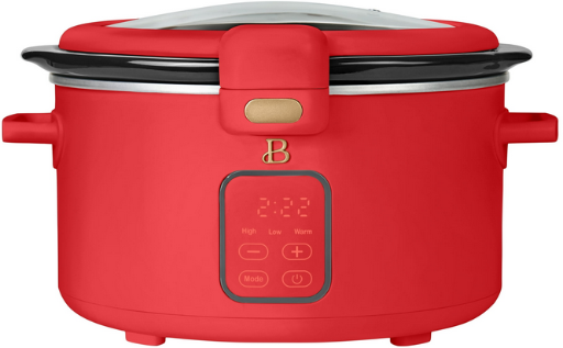 Beautiful 4 Qt Digital Slow Cooker with Hinged Locking Lid, Tomato Red