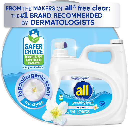 all® Sensitive Fresh Liquid Laundry Detergent, Hypoallergenic Spring Breeze Scent 118 Ounce, 94 Loads