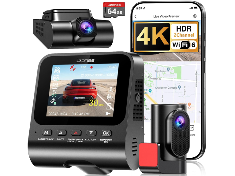 JZONES 4K Dash Cam Front & 1080p Rear w/ 170° Angle HDR Night Vision & 64GB Card Deal