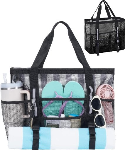 WANDF Large 41L Mesh Beach Tote Bag with 40oz Tumbler Pockets Deal