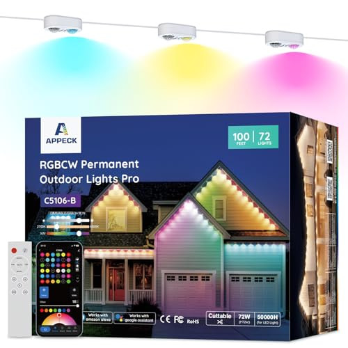 APPECK Permanent Outdoor Lights Pro 100ft, 72W RGBCW Eaves Lights with 72 LED Lights
