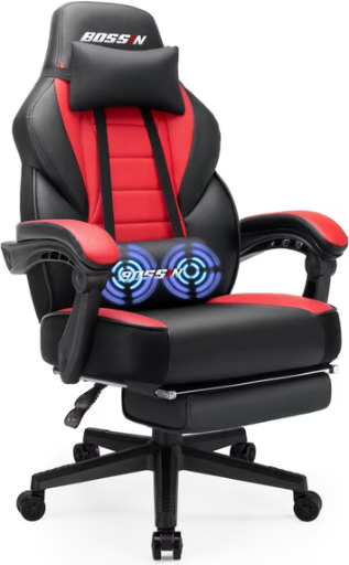 Bossin Massage Leather Gaming Chair with Footrest & Lumbar Support (Red) Deal