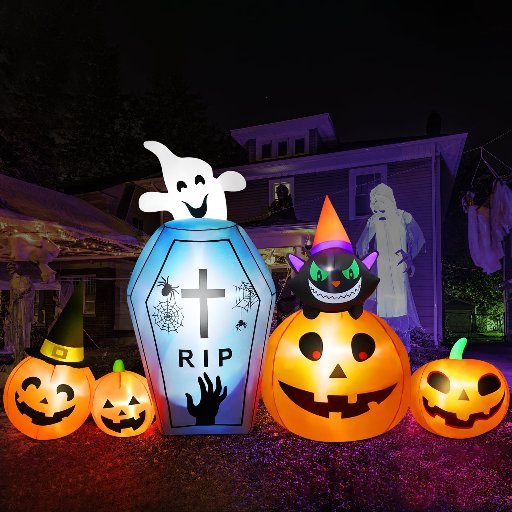IZNEN 9.5ft Halloween Inflatable Pumpkins Outdoor Decor with Black Cat Tombstone and Spectre