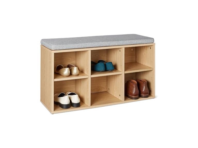 Amazon Basics Shoe Storage Bench with Cushion, 6 Cubbies, Oak Finish Deal