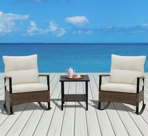 Coos Bay 3-Piece Wicker Patio Rocking Chair Set w/ Side Table (Beige) Deal