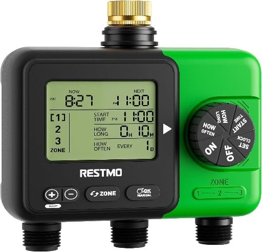 RESTMO 3 Zone Sprinkler Timer for Garden Hose with Brass Inlet